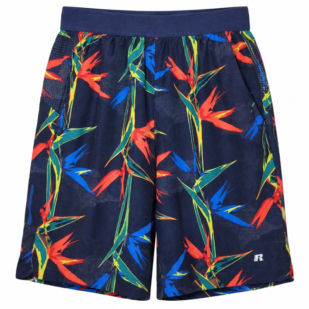 Russell Athletic Dri-Power 360 Shorts Mens S Navy Floral Bird of Paradise Mint